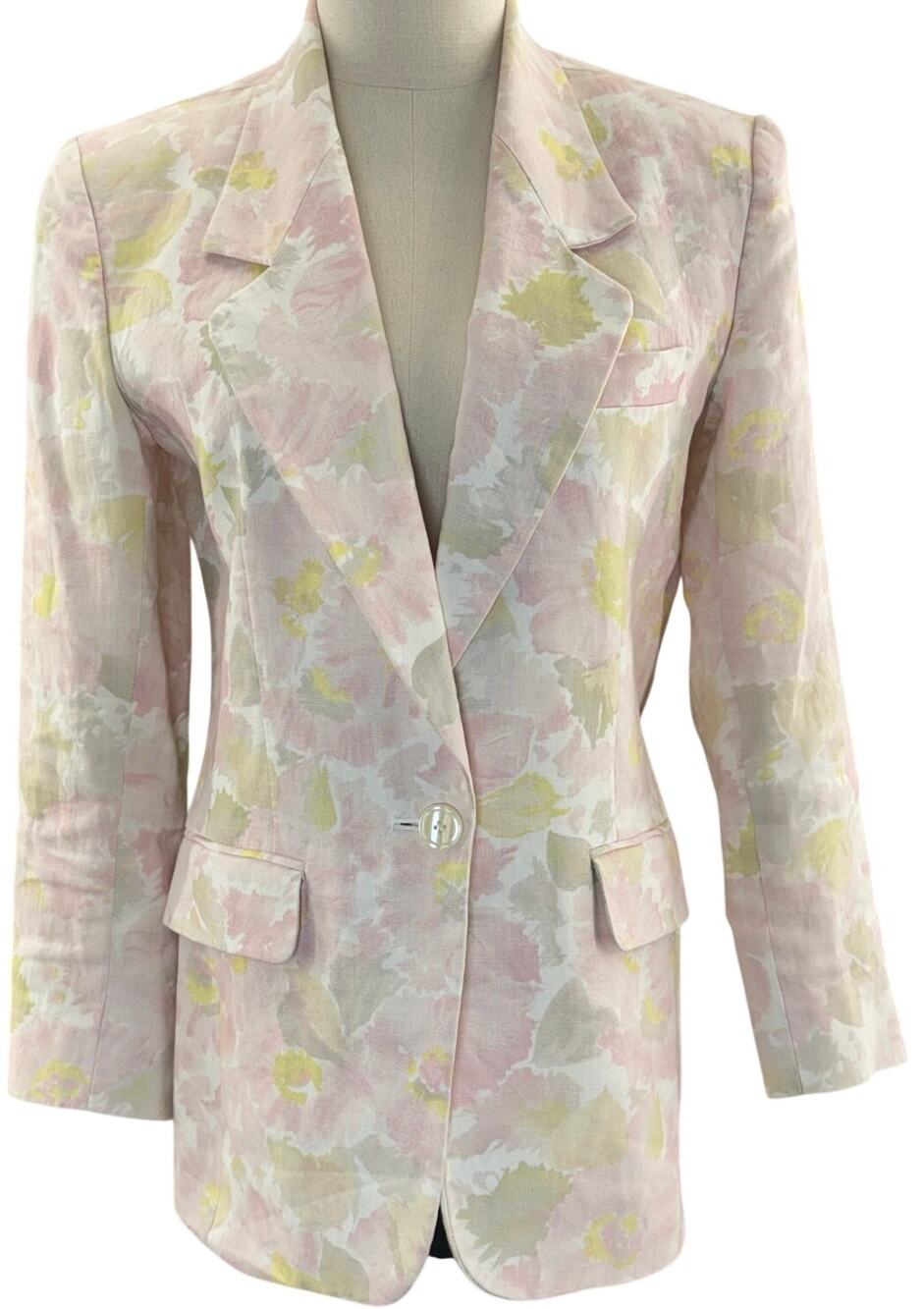 Vintage 90s Liz Claiborne Womens 4P Pink Floral Linen Blazer Shoulder Pads